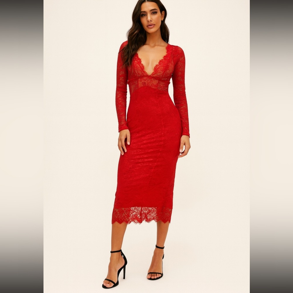 Nasty Gal Red Lace Sheer Long Sleeve Midi Dress‎ Sexy Party Cocktail Date Night